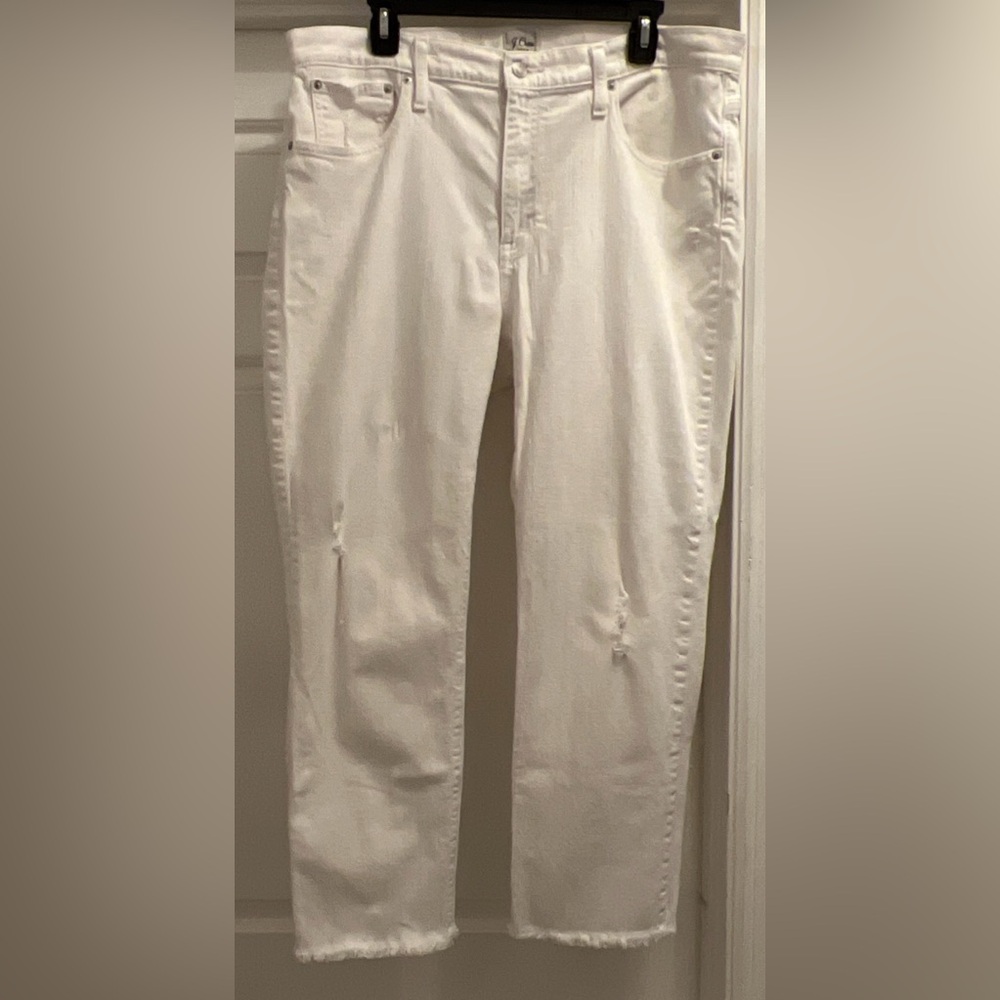 J Crew women’s white denim distressed raw hem tapered crop pants size 33